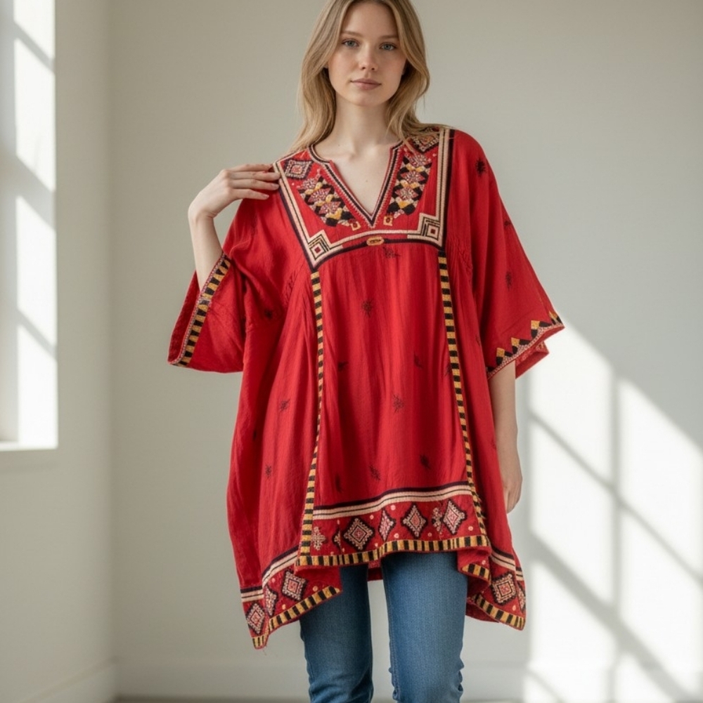 Free People Red Embroidered Boho Tunic